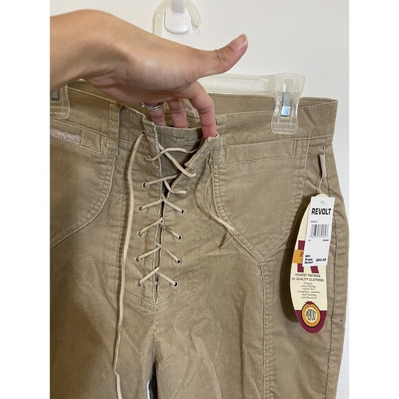 Revolt Rare Vintage Corduroy Retro Flare Jeans Sz 14 Khaki High Rise Laceup New - Picture 2 of 13